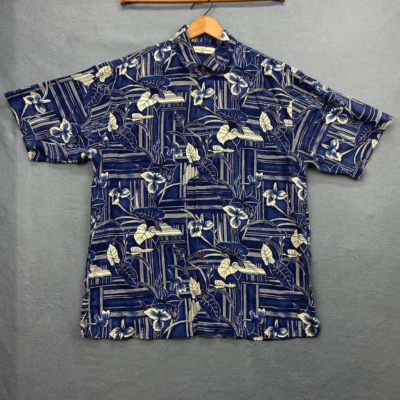 Tommy Bahama 100% Silk Hawaiian Shirt Men's Large Geometric Floral Blue - Picture 1 of 7